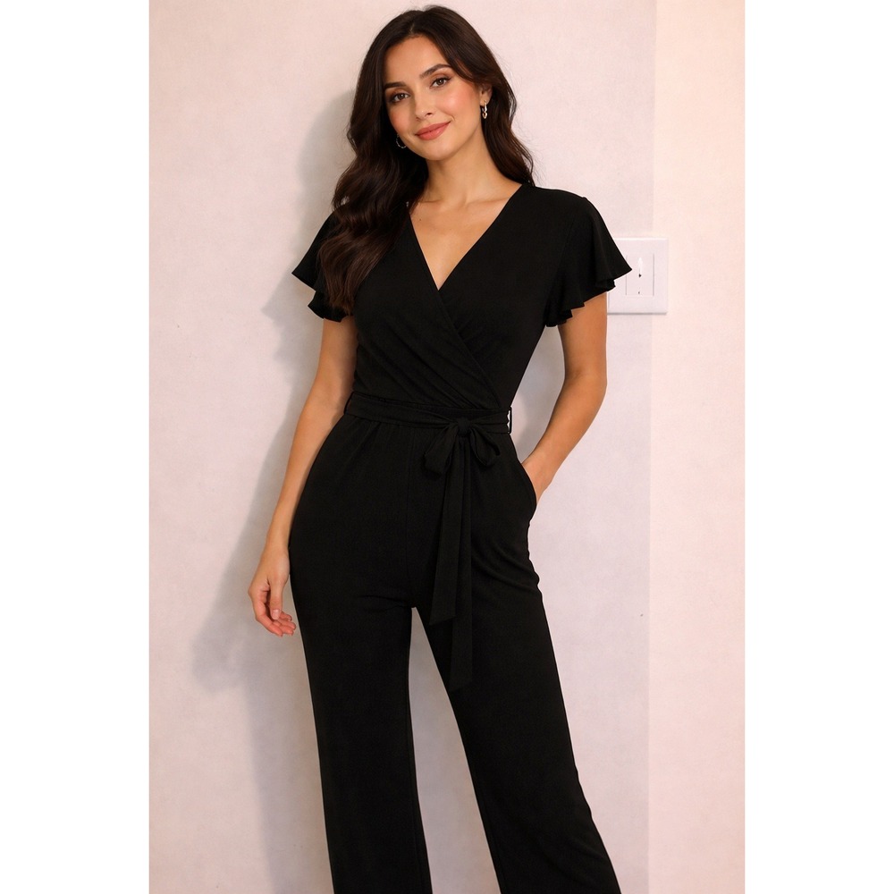 Spense Womens Black Wrap Front Flutter Sleeve Straight Leg Jumpsuit Size 4